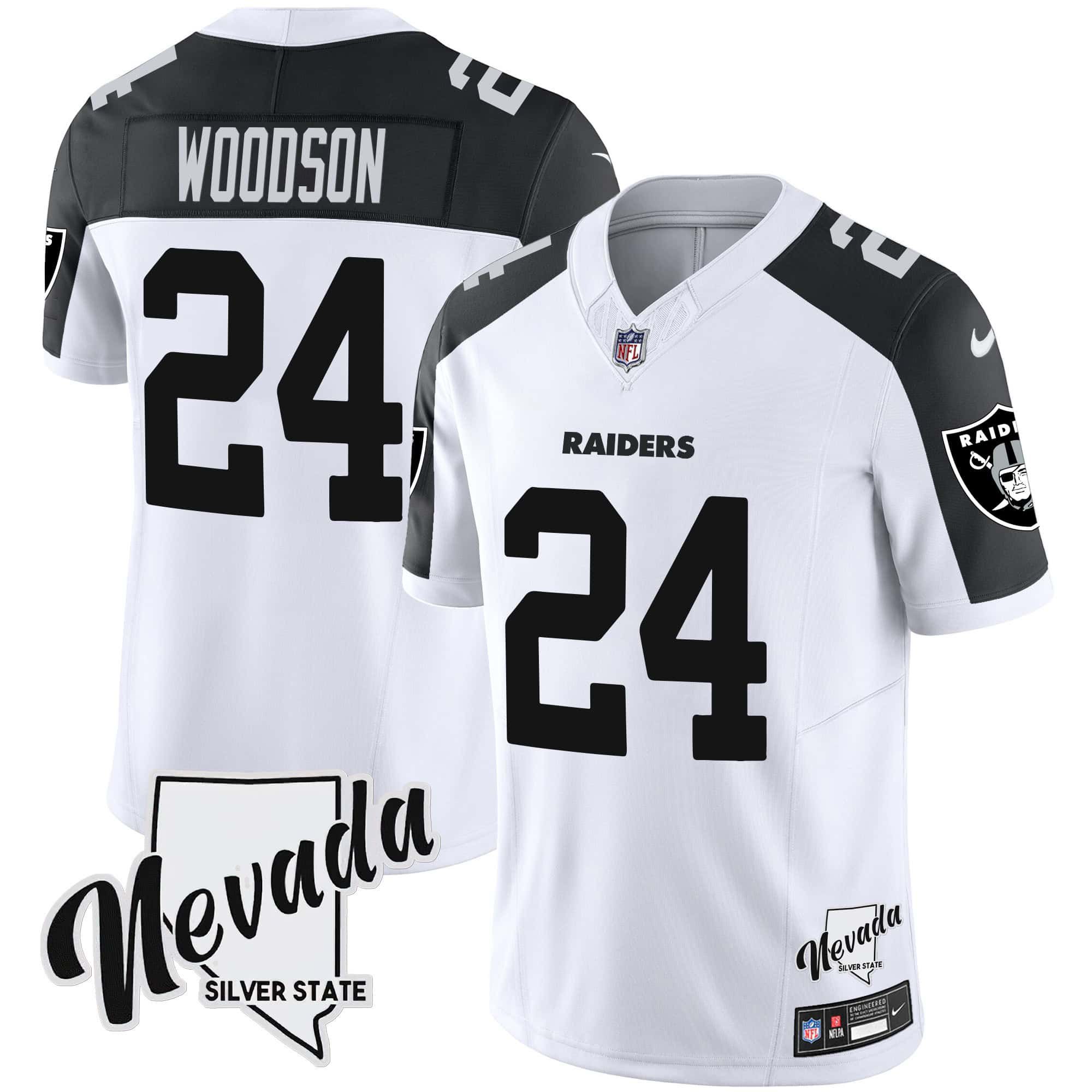 Men Oakland Raiders #24 Woodson White 2024 Nike Nevada Silver State Patch Vapor NFL Jersey style 1